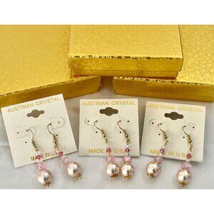 3  Pair Pink Pearl, Swarovski Crystal AB Pierced Earrings Bridal Party Gift NEW